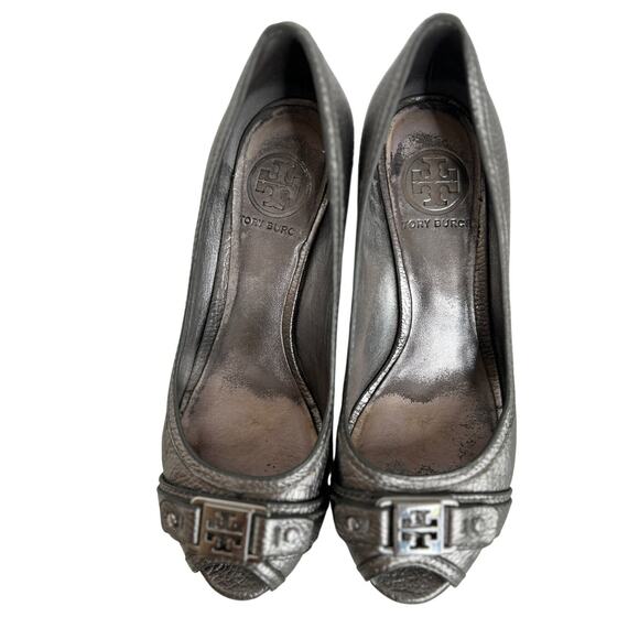 Tory Burch Shoes - Tory Burch Ambrose Pewter Pebbled Leather Wedge Heels Size ~8-8.5